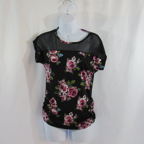 Women's Black, Floral Print, Pullover, Stretch Polyester Top - Size S - DISCREET - Picture 1 of 4